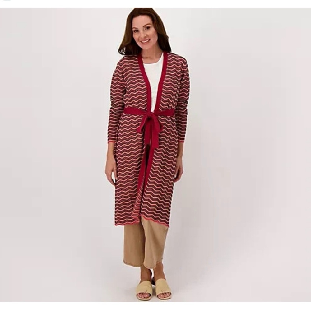 Laurie Felt Coral Pink Striped Knit long open cardigan/kimono L